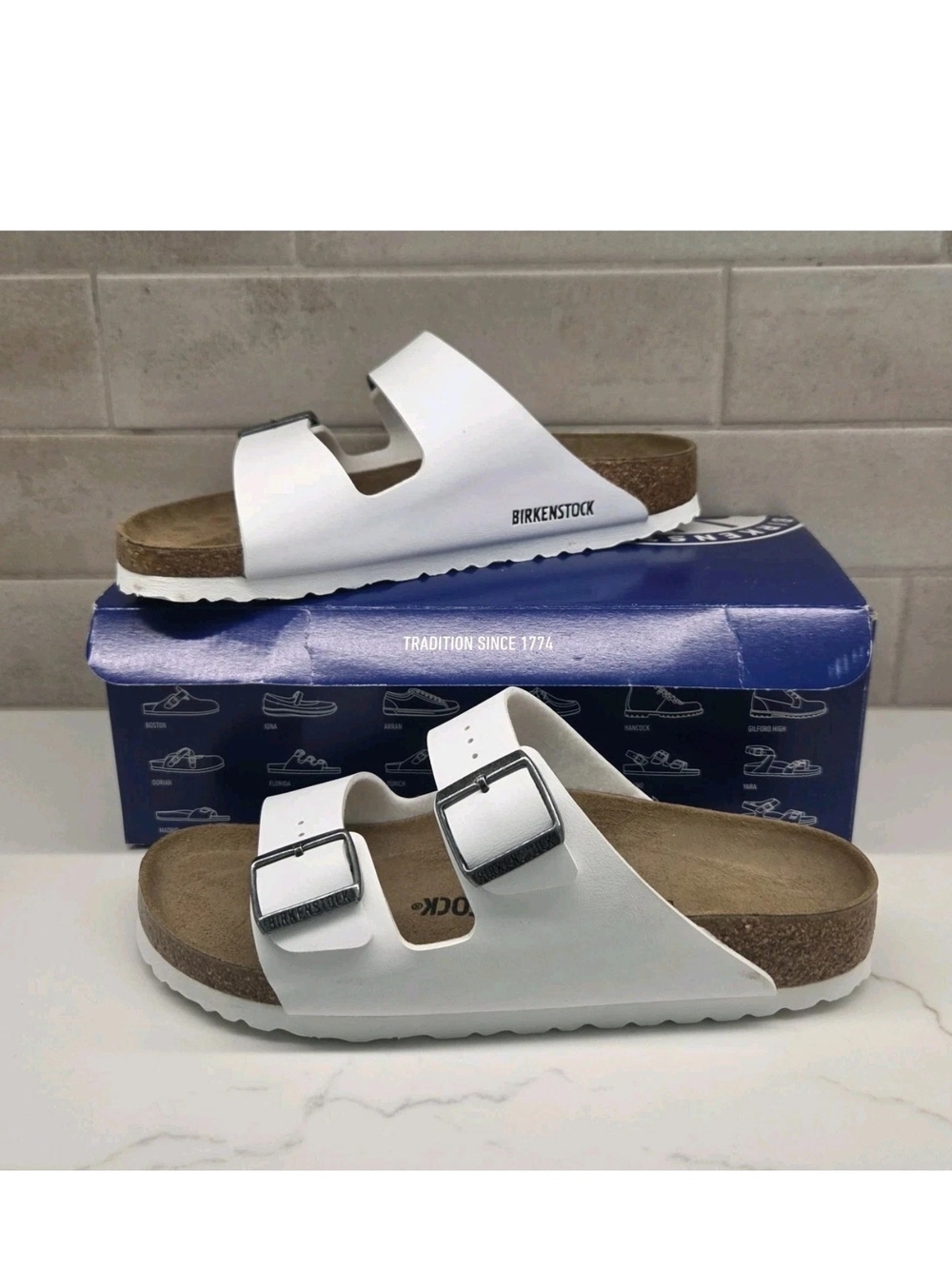 Birkenstock Arizona BS White Patent Slide Sandals Birko-Flor EU 40 US 9 Narrow